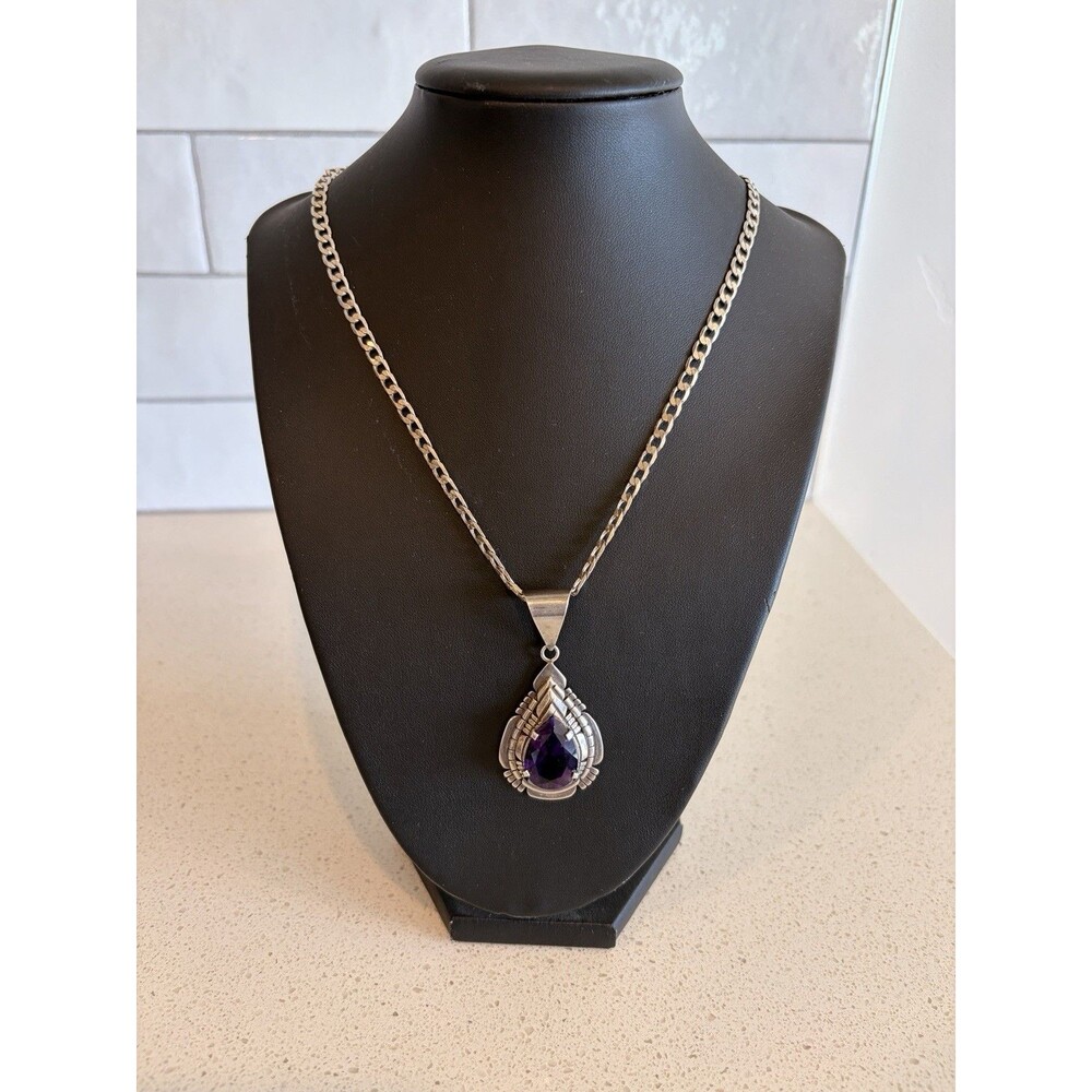 Carl Quintana Navajo 925 Sterling Silver Amethyst Pendant Necklace Signed